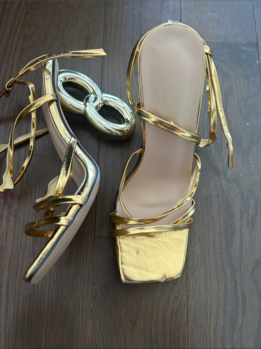 SHEIN Metallic Gold Strappy Square-Toe Heels